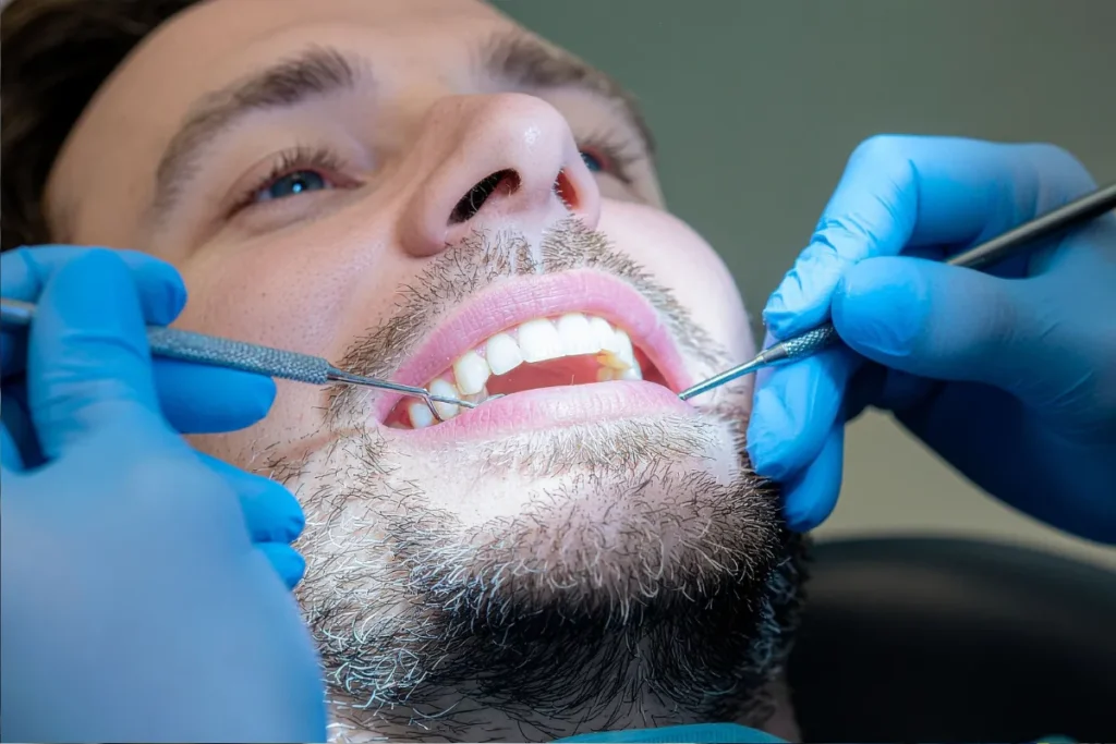 Dentist examining patient's teeth with dental mirror and explorer tool during wisdom teeth removal consultation